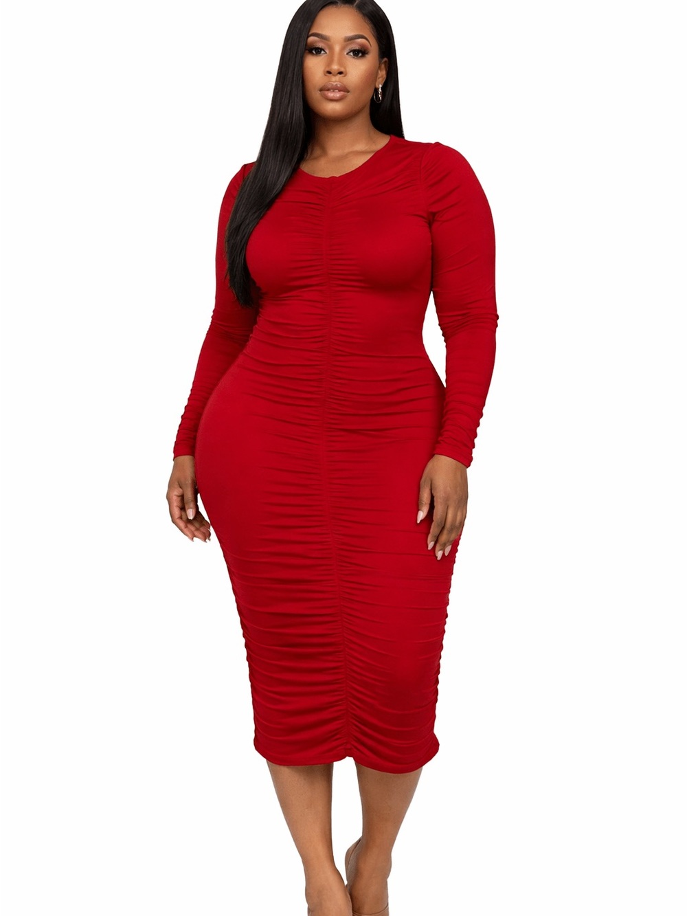 NWT Ruched Plus Size Long Sleeve Midi Dress in Red